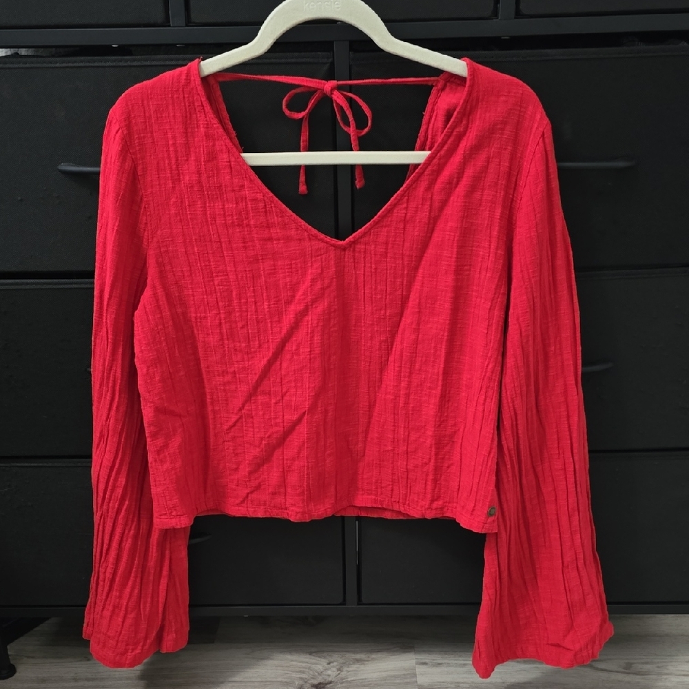 NWOT- Roxy Bell Sleeve Red Blouse with Tie-Back